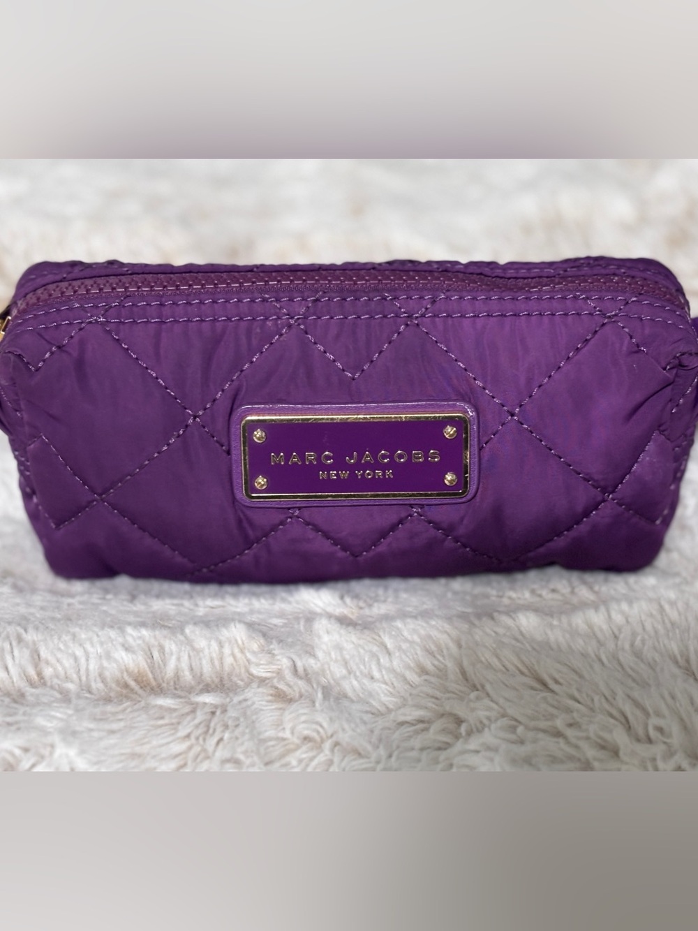 Marc Jacobs Small Quilted Purple Cosmetic Pouch with Gold Plaque